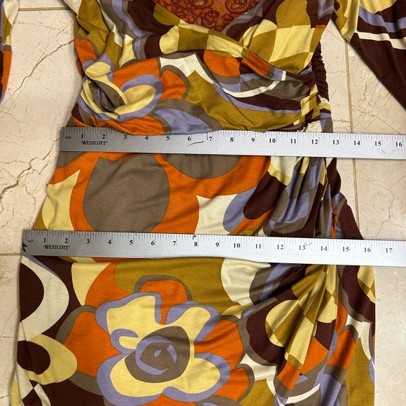 Charles Nolan Dress, Browns & Oranges, Wrap, Ruckering Side, Long Sleeved, Sz 4 - Picture 12 of 16